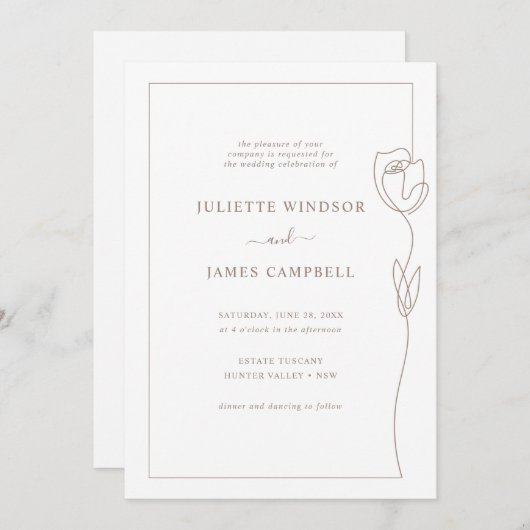 Line Drawing Roos Flower Wedding Invitation Kaart (Voorkant / Achterkant)
