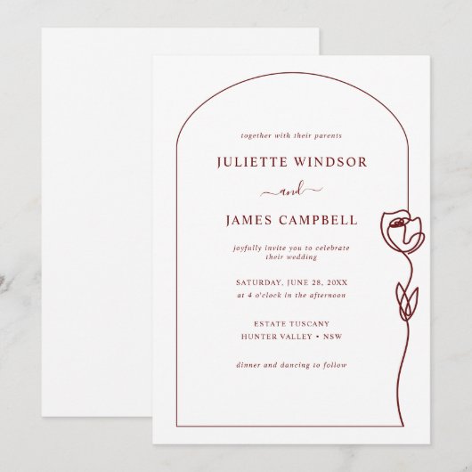 Line Drawing Roos Flower Wedding Invitation Kaart (Voorkant / Achterkant)