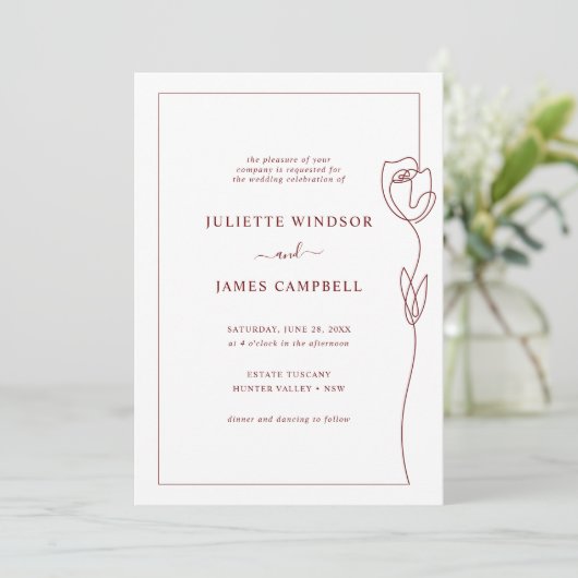 Line Drawing Roos Flower Wedding Invitation Kaart (Staand voorkant)