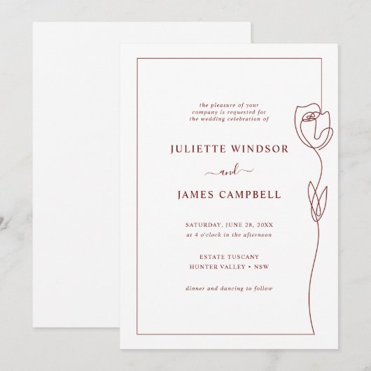 Line Drawing Roos Flower Wedding Invitation Kaart (Voorkant / Achterkant)