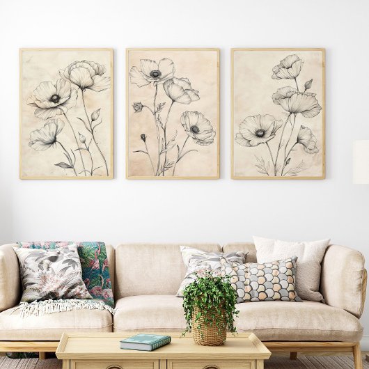 Line Drawn Black Wildflowers op Beige Sepia Tone Muurkunst Sets