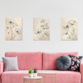 Line Drawn Black Wildflowers op Beige Sepia Tone Muurkunst Sets (Woonkamer)