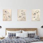 Line Drawn Black Wildflowers op Beige Sepia Tone Muurkunst Sets (Slaapkamer)