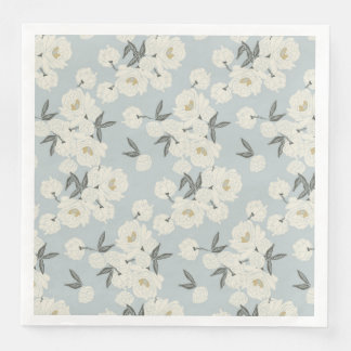 Line Drawn Peony in Cream on Light Blue-Napkin Servet
