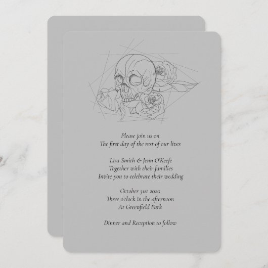 Line Drawn Skull and Rozen Wedding Invitations Kaart (Voorkant / Achterkant)