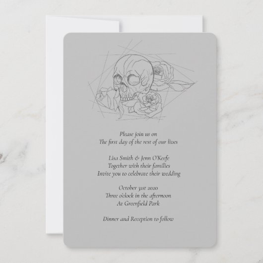Line Drawn Skull and Rozen Wedding Invitations Kaart (Voorkant)
