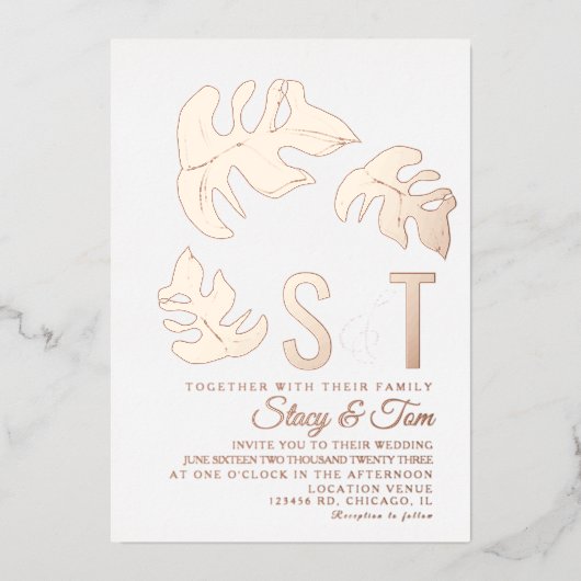 Line Monstera Leaf Wedding geperst Folie Uitnodiging (Voorkant)