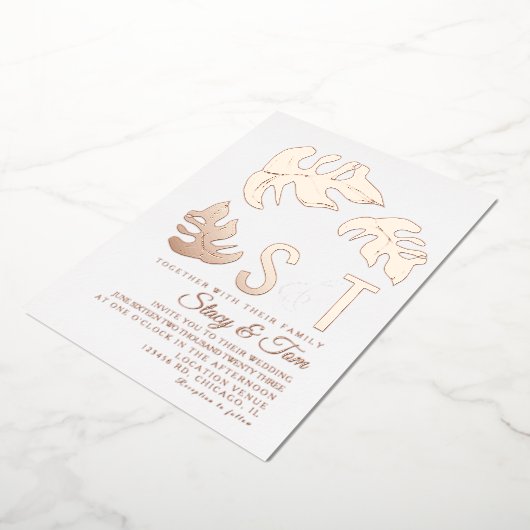 Line Monstera Leaf Wedding geperst Folie Uitnodiging (Gedraaid)