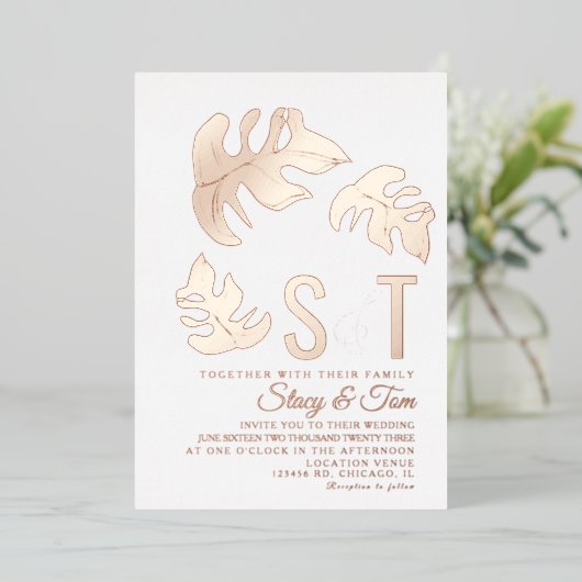 Line Monstera Leaf Wedding geperst Folie Uitnodiging (Staand Voorkant)