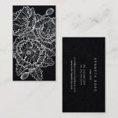 Lineaire bloemen blauw wit op zwart visitekaartje (Voorkant / Achterkant)