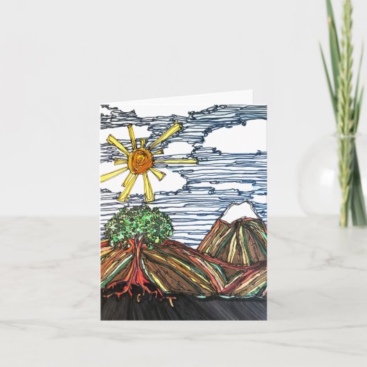 Lineaire kunst w/bergen, boom, zonneschijn, met de kaart (Voorkant)