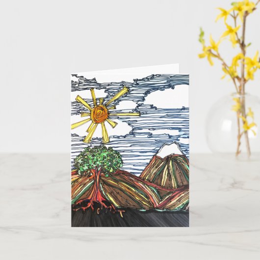 Lineaire kunst w/bergen, boom, zonneschijn, met de kaart (Gele Bloem)