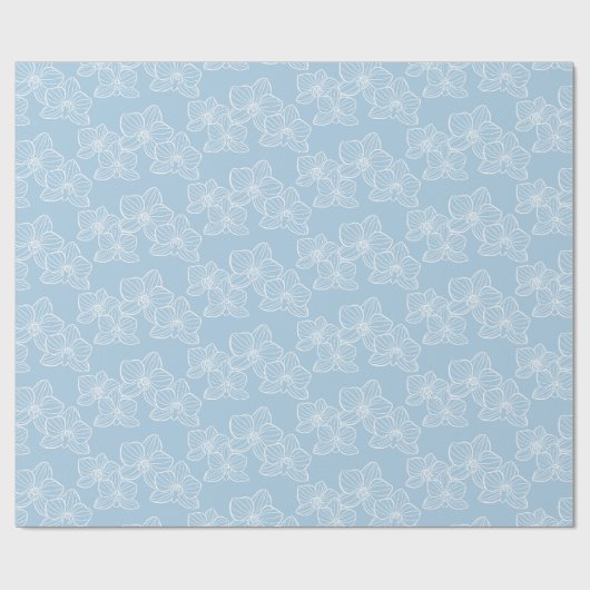 Lineaire Orchidee | Elegante Bloemrijke Hemelblauw Cadeaupapier (Vlak)
