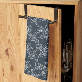Lineaire Orchidee | Moderne Botanische Donkerblauw Theedoek