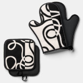 Lineaire Persuasion I: Abstract Zwart & Wit Ovenwant & Pannenlap Set (Voorkant / Achterkant)