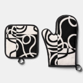 Lineaire Persuasion II: Abstract Zwart & Wit Ovenwant & Pannenlap Set (Voorkant)