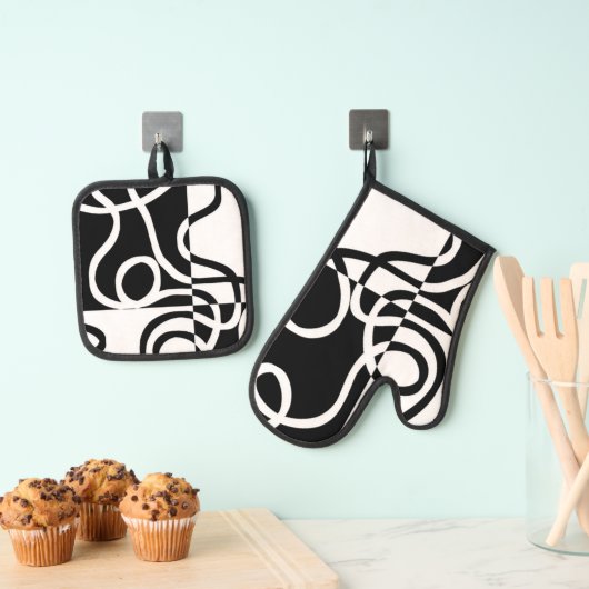 Lineaire Persuasion II: Abstract Zwart & Wit Ovenwant & Pannenlap Set (Insitu(Ophanging))