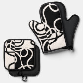 Lineaire Persuasion II: Abstract Zwart & Wit Ovenwant & Pannenlap Set (Voorkant / Achterkant)