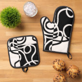 Lineaire Persuasion II: Abstract Zwart & Wit Ovenwant & Pannenlap Set (Top down)