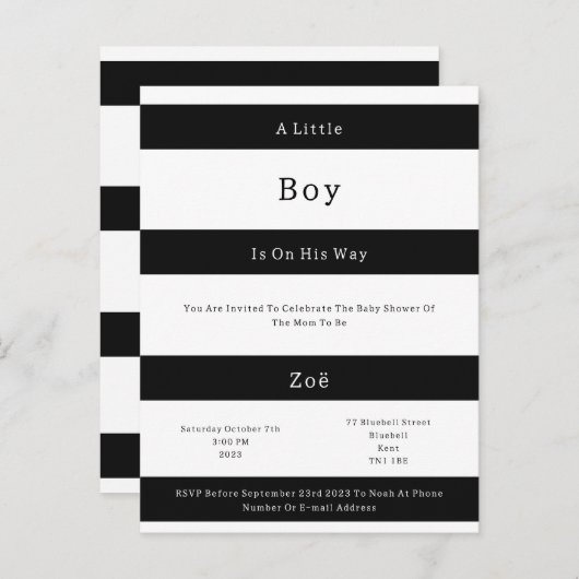 Linear Chic Black And White Stripes Baby Invite Br Briefkaart (Voorkant / Achterkant)