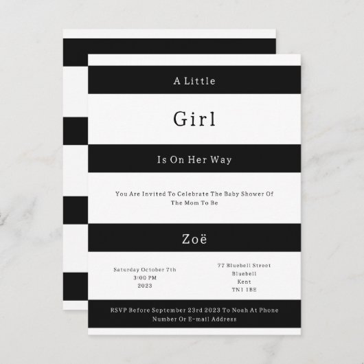 Linear Chic Black And White Stripes Baby Invite Briefkaart (Voorkant / Achterkant)