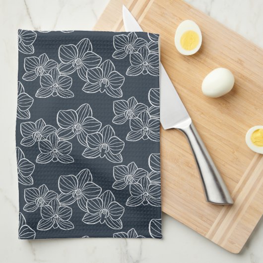 Linear Orchid | Modern Botanical Dark Navy Theedoek (Quarter Fold)