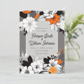 Lineart bloemenzwart, wit, oranje bruiloft kaart (Staand voorkant)