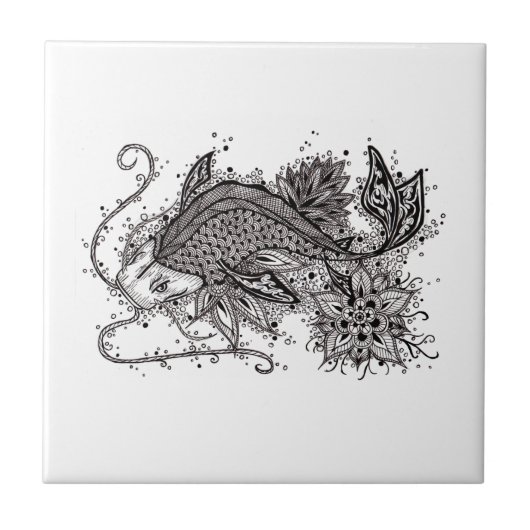 Lineart Koi Tattoo keramische tegel Tegeltje (Voorkant)
