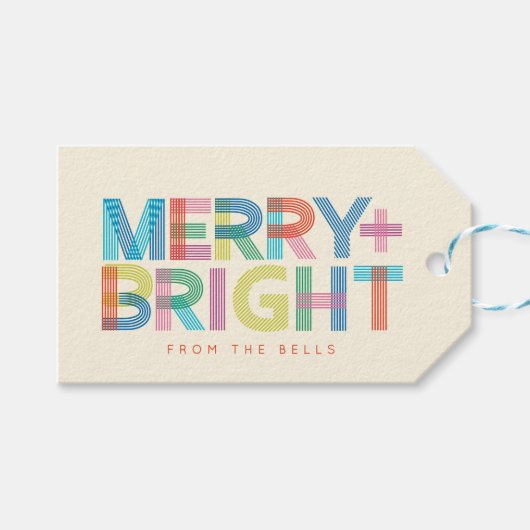 Lined Merry + Bright vakantie typografie Cadeaulabel (Voorkant (Horizontaal))