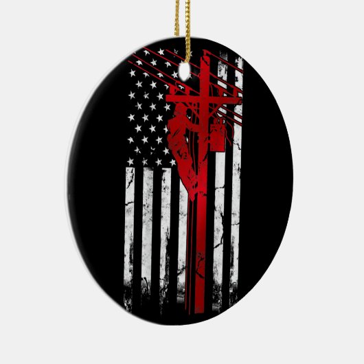 Lineman American Flag Electric Cable Lineman Keramisch Ornament (Rechts)