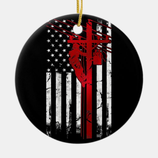 Lineman American Flag Electric Cable Lineman Keramisch Ornament (Voorkant)