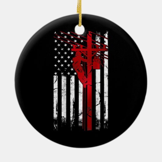 Lineman American Flag Electric Cable Lineman Keramisch Ornament (Achterkant)
