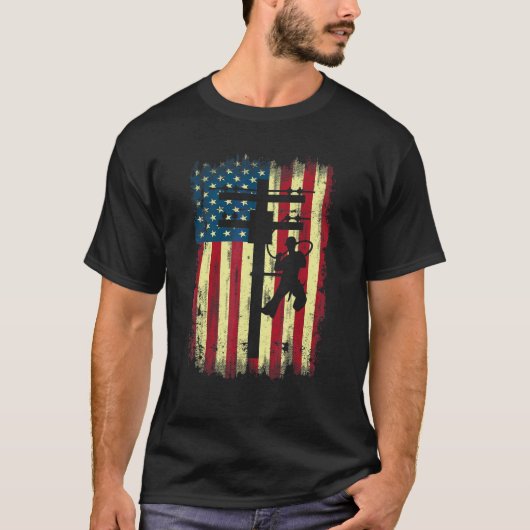 Lineman American Flag Electric Cable Lineman T-shirt (Voorkant)