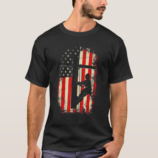 Lineman American Flag Electric Cable Lineman T-shirt (Voorkant)