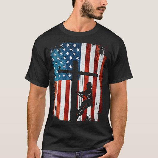 Lineman American Flag Electric Cable Lineman T-shirt (Voorkant)