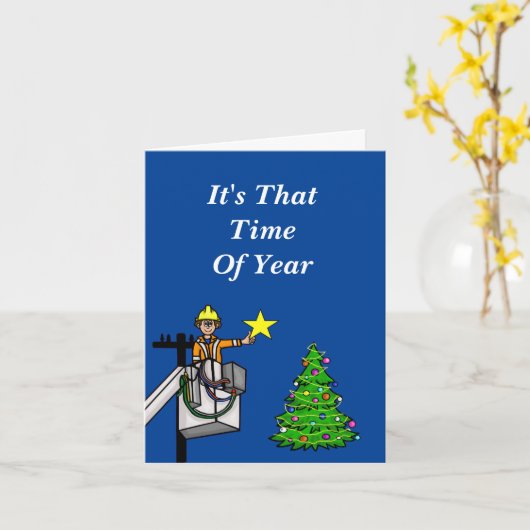 Lineman in Bucket Putting Star on Tree Kaart (Gele Bloem)