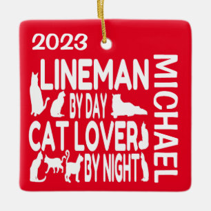 Lineman Loves Cats CUSTOM Keramisch Ornament
