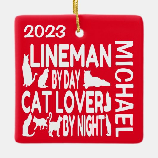 Lineman Loves Cats CUSTOM Keramisch Ornament (Voorkant)
