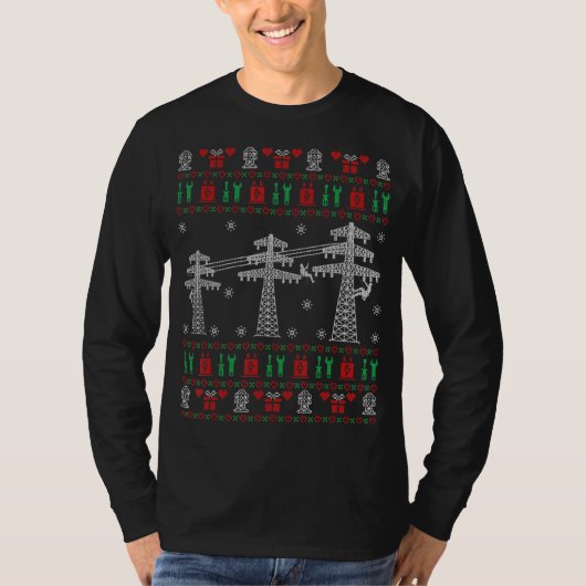 Lineman Ugly KerstSweater voor elektricien T-shirt (Voorkant)