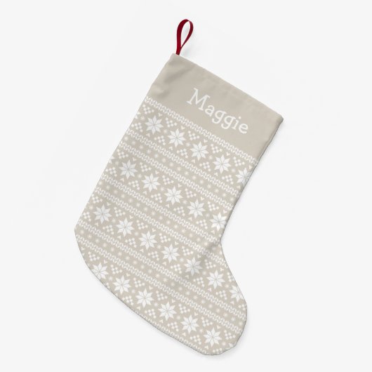 Linen Beige and White Fair Isle Monogram Kleine Kerstsok (Voorkant (Hangend))