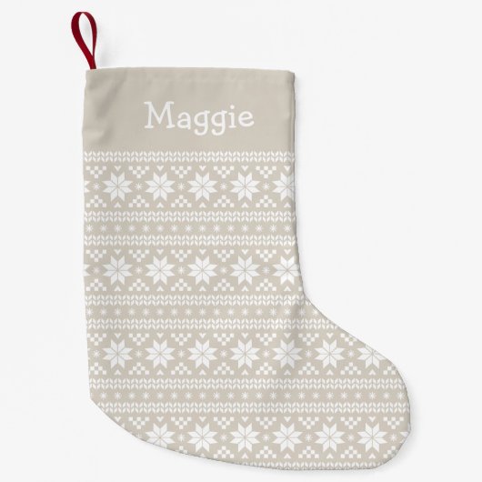 Linen Beige and White Fair Isle Monogram Kleine Kerstsok (Voorkant)