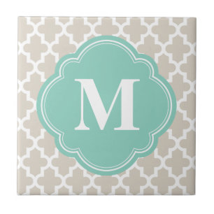 Linen Beige & Aqua Modern Moroccan Custom Monogram Tegeltje