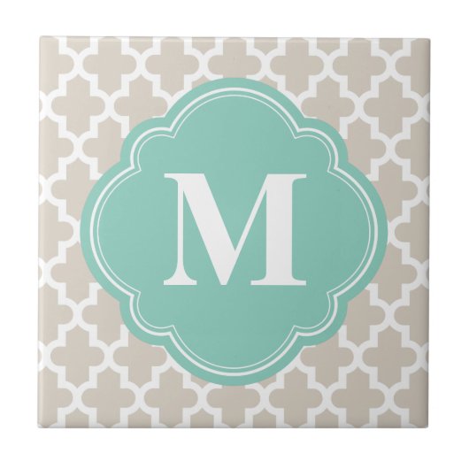 Linen Beige & Aqua Modern Moroccan Custom Monogram Tegeltje (Voorkant)