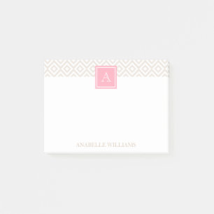 Linen Beige Diamonds en Roze Monogram Post-it® Notes