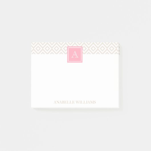 Linen Beige Diamonds en Roze Monogram Post-it® Notes (Voorkant)