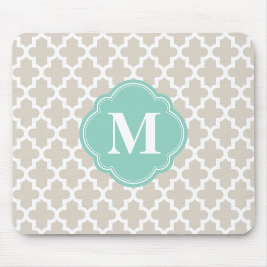 Linen Beige en Aqua Moroccan Custom Monogram Muismat (Voorkant)