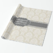 Linen Beige en Charcoal Damask Pattern Cadeaupapier (Uitgerold)
