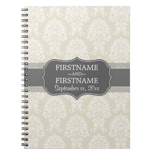 Linen Beige en Charcoal Damask Pattern Notitieboek (Voorkant)