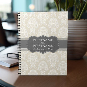 Linen Beige en Charcoal Damask Pattern Notitieboek