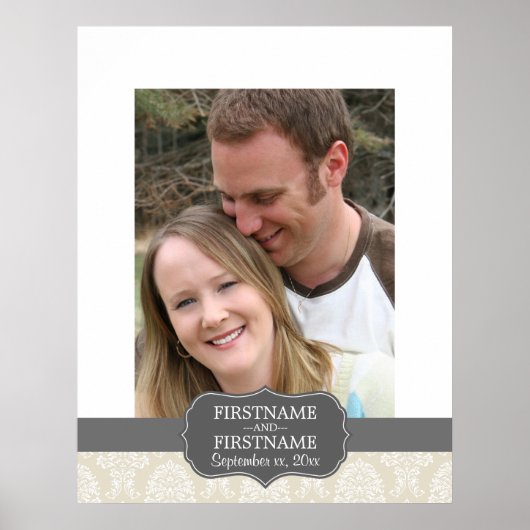 Linen Beige en Charcoal Damask Pattern Poster (Voorkant)